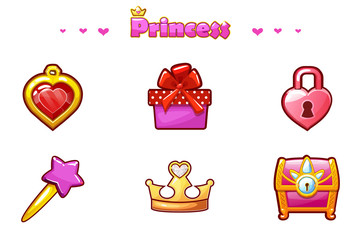 Cartoon set Princess Icons, girlish game assets