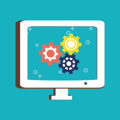 computer with gear wheels on screen over blue background, colorful design. vector illustration