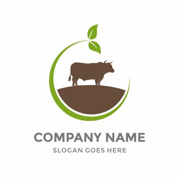 Cow Food Milk Bull Silhouette Land Harvest Garden Organic Green Plant Nature Farm Agriculture Business Company Stock Vector Logo Design Template 