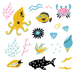 Fototapeta na wymiar Vector illustration of cute funny baby ocean animals set for print,poster,scandinavian design 