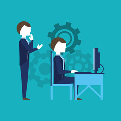 businessmen working over gear wheels and blue background, colorful design. vector illustration