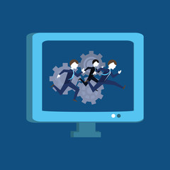 computer with businessmen running on screen over blue background, colorful design. vector illustration