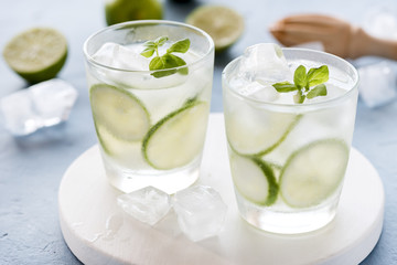 Healthy Lemonade Lime with Fresh Mint and Ice in a Glass on Blue Background Tasty Homemade Detox Water Infused Water Horizontal