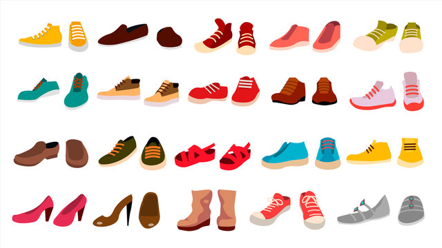 Footwear Set Vector. Stylish Shoes. For Man And Woman. Sandals. Different Seasons. Design Element. Flat Cartoon Isolated Illustration