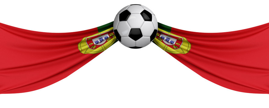 The national flag of Portugal with a soccer ball. Football supporter concept. 3D Rendering