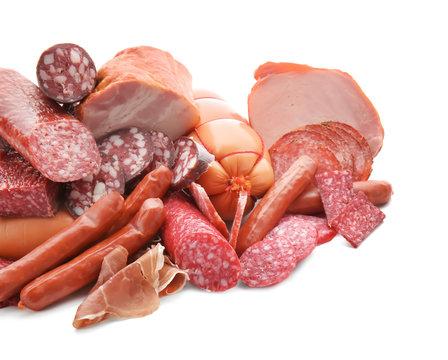 Assortment Of Delicious Deli Meats On White Background