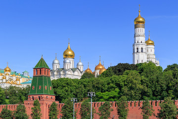 Fototapeta na wymiar Golden domes of churches in Moscow Kremlin on a blue sky background in sunny summer morning
