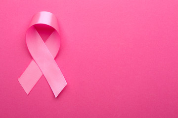 Pink ribbon on color background. Breast cancer concept