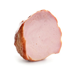 Piece of tasty ham on white background