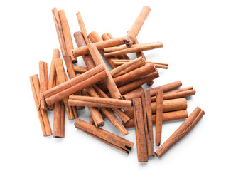 Aromatic cinnamon sticks on white background