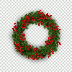Christmas wreath of realistic Christmas tree branches and holly berries - 209079899