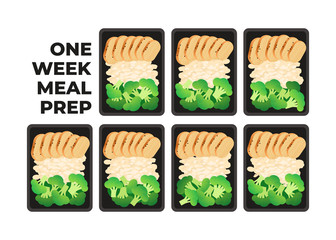 Vector illustration of meal preparation. Portion of food in container. Healthy lifestyle food. Chicken, rice and broccoli salad. Meal prep for a week
