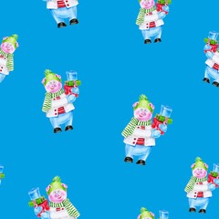 Christmas watercolor piggy with gifts. Symbol of the year 2019, it can be used as a poster, christmas card, invitation and t-shirt printing Seamless pattern.