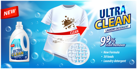 Stain remover, laundry detergent, ad vector template. Ads poster design on blue background with white t-shirt and stains