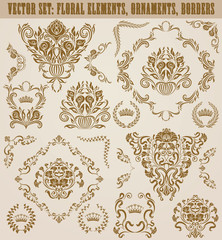 Set of gold damask ornaments. Floral element, ornate border, corner, crown, frame, laurel wreath for design. Page, web royal decoration on black background in vintage style. Vector illustration.