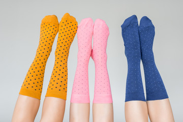 cropped shot of female legs in different colorful socks isolated on gray background