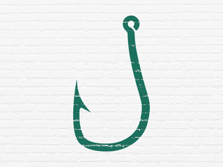 Security concept: Painted green Fishing Hook icon on White Brick wall background