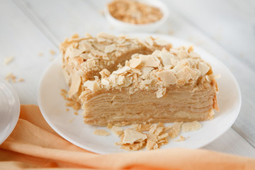 Portion of classic Napoleon cake closeup