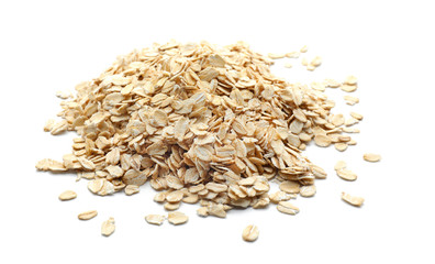 Heap of raw oatmeal on white background