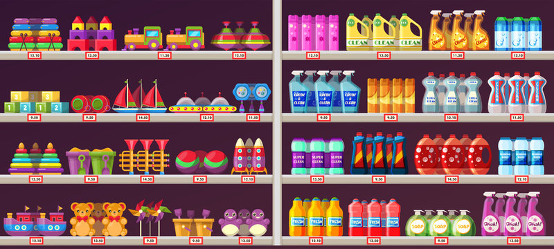 Supermarket aisle shelves with toys and chemicals