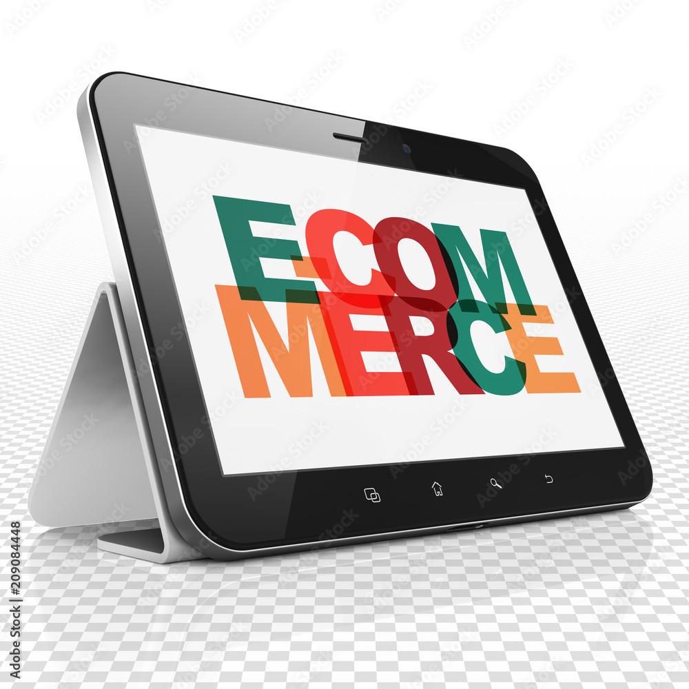 Aufkleber business concept: tablet computer with painted multicolor text e-commerce on display, 3d rendering