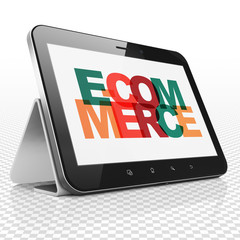 Business concept: Tablet Computer with Painted multicolor text E-commerce on display, 3D rendering