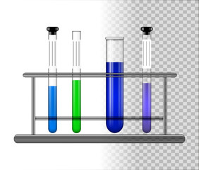 Test tubes with liquid on a glass stand. Transparent glass flasks with cap. Vector illustration.