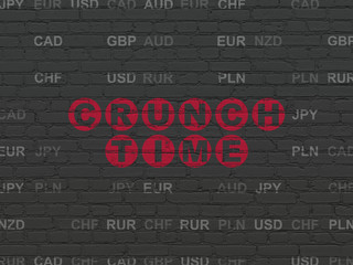 Finance concept: Painted red text Crunch Time on Black Brick wall background with Currency
