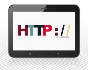 Web development concept: Tablet Pc Computer with Painted multicolor text Http : / / on display, 3D rendering