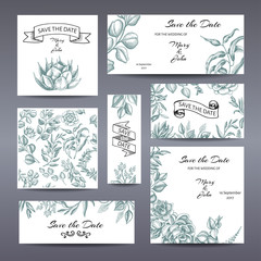 Banner with flowers end leafs. Wedding invitation succulent and eucalyptus.
