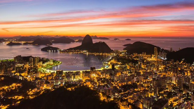 Sunrise over Pao Acucar or Sugar loaf mountain and the bay of Botafogo, Rio de Janeiro, Brazil, South America 