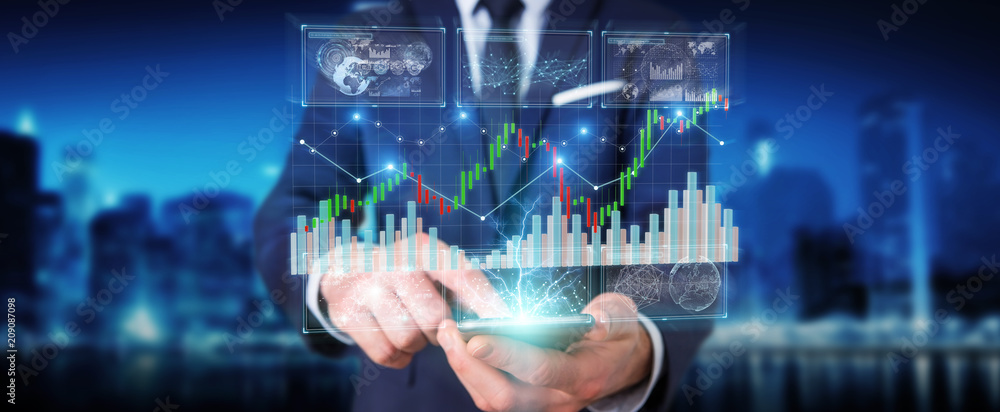 Poster Businessman using 3D rendering stock exchange datas and charts
