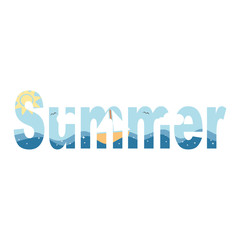 cute vector summer word with sea, boat, clouds and sun isolated on white background