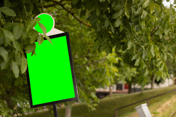 Advertisement sign in tree with greenscreen - 209087438