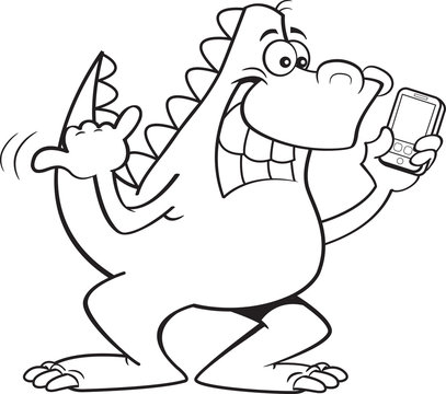 Black and white illustration of a dinosaur holding a cell phone.