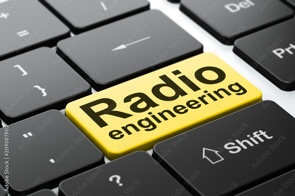 Poster science concept: computer keyboard with word radio engineering, selected focus on enter button backg