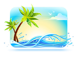 Fototapeta na wymiar Tropical palms on beach among sea waves in ocean sunny day