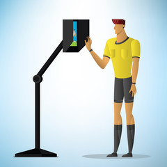 Football referee shows video assistant referees action. - obrazy, fototapety, plakaty
