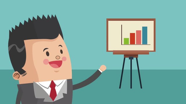 Businessman with statistics on whiteboard High Definition animation colorful scenes
