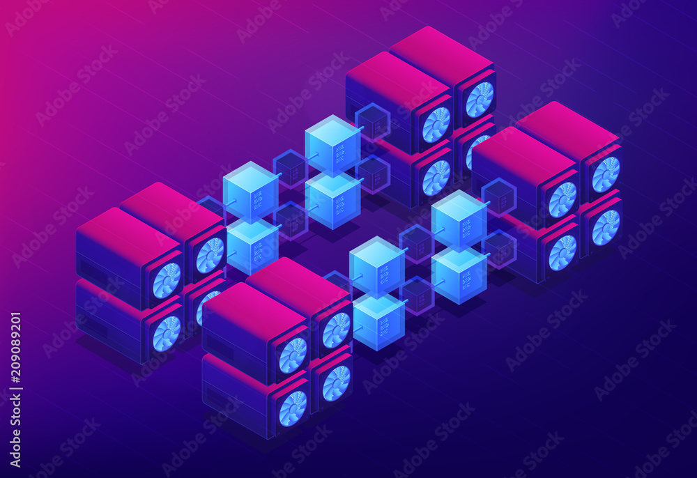 Poster isometric cloud mining concept. dedicated cloud data servers for blockchain cryptocurrencies mining,