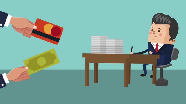 Businessman reiceving credit card and money High Definition animation colorful scenes
