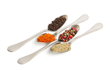Different spices in iron spoons isolated on white