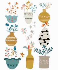Hand drawn set of flowers vase colorful isolated on white background.