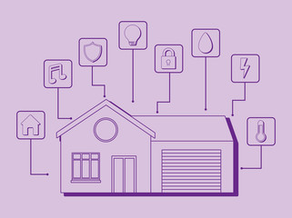 Modern house with smart home related icons over purple background, colorful design. vector illustration