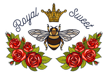 Bee crown flowers embroidery patch. Honey bee bumblebee floral leaf Insect embroidery. Hand drawn vector illustration