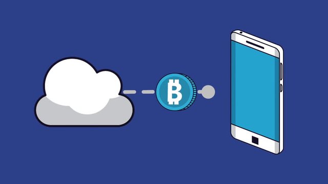 Bitcoins transfering between cloud and smartphone High Definition colorful animation scenes