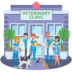 Cartoon group of joyful veterinarians with pets