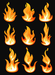 Icons with flame or burning fire, fireball