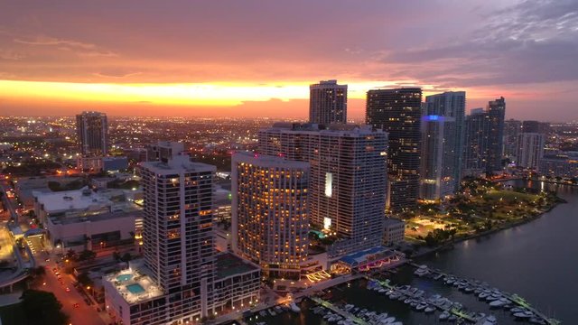 Aerial lateral b roll footage Edgewater Miami awesome sunset 4k