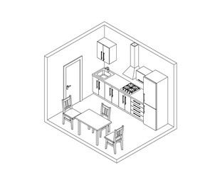 Interior kitchen room on white background. Vector outline illustration.